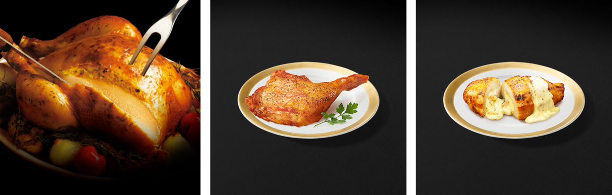 左から「五穀味鶏 プレミアムローストチキン」「五穀味鶏 ローストレッグ」「五穀味鶏 胸肉のロースト」イメージ