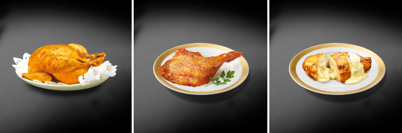 左から「五穀味鶏 プレミアムローストチキン」「五穀味鶏 ローストレッグ」「五穀味鶏 胸肉ロースト」イメージ